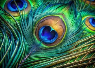 Obraz premium Vibrant blue and green iridescent peacock feather with intricate eye-like patterns and delicate barbs stretching outward from a central axis in stunning close-up detail.