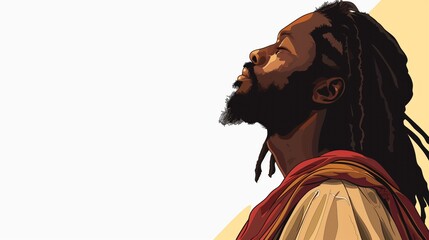 Fototapeta premium Contemplative Black Jesus Christ with Dreadlocks Looking Up in Modern Illustration