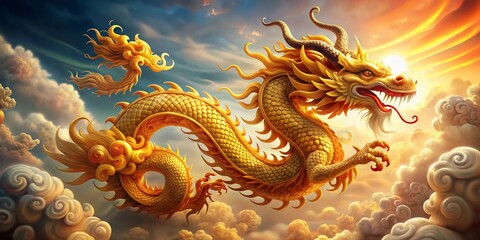 Fototapeta premium Majestic golden Chinese dragon adorned with vibrant wood ornaments, swirling clouds, and serene ambiance, symbolizing good fortune and prosperity in the new year celebration.