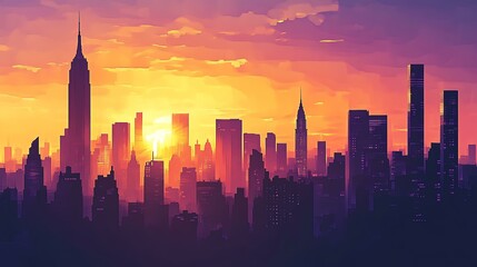 Fototapeta premium Stunning sunset view over a city skyline, featuring towering skyscrapers silhouetted against vibrant orange and purple hues.