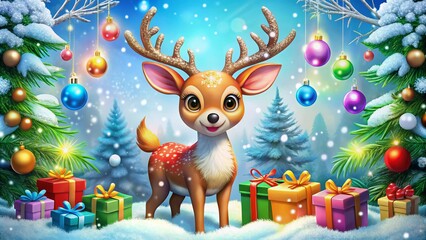 Adorable festive reindeer with shiny antlers and bright eyes, surrounded by colorful cartoon ornaments, gifts, and