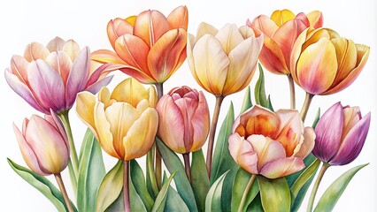 Fototapeta premium Vibrant watercolor tulips in soft hues of pink, yellow, and orange bloom on a crisp white background, showcasing delicate petals and stems in botanical detail.