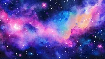 Fototapeta premium Vibrant cosmic nebula showcasing a blend of purple, blue, and orange hues, filled with sparkling stars and deep space mystery.