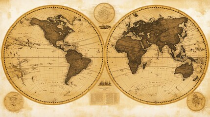 Obraz premium Vintage world map illustration with intricate details, showcasing continents, oceans, and historical cartography.