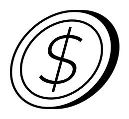 A black and white dollar sign inside a circular coin design. Ideal for finance, banking, investments, economic presentations, and digital currency material. Clean line art style.