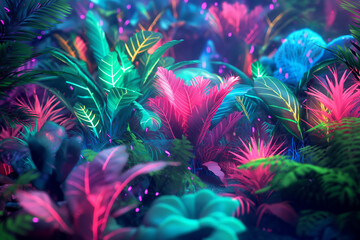 The scene is a dazzling display of neon-lit foliage and fantastical plant forms, with glowing, electric hues of pink, blue, and green creating an otherworldly atmosphere