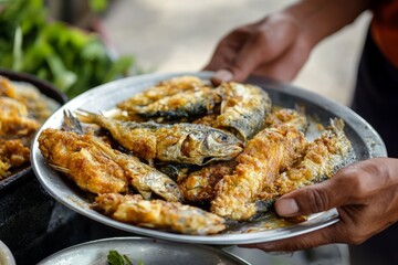 A man's hand picks up a side dish of fried fish. Life in rural Southeast Asia