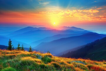 Sunset over rural mountains with rolling hills and trees.