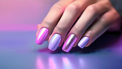 Pastel gradient nails from light pink to lavender. Complete with delicate silver foil.