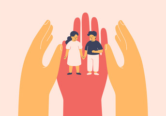 Adults taking care about children. Human hands surrounded boy and girl with love. Healthcare support, insurance, defense kids rights in society. Social protect, upbringing orphans. Vector