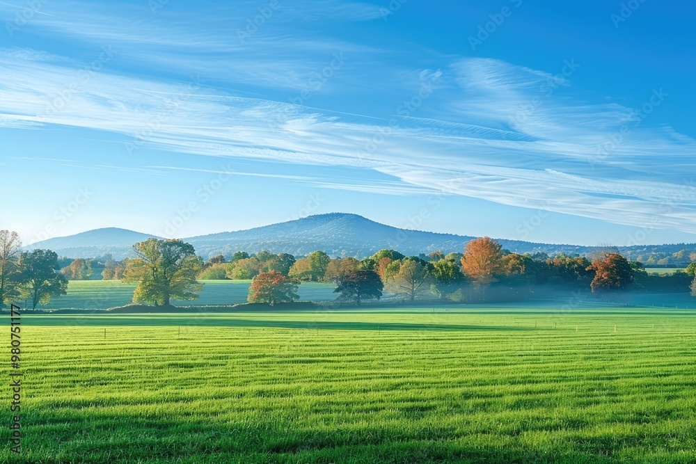 Aufkleber mountainous countryside at dawn with fields trees fog and sky.
