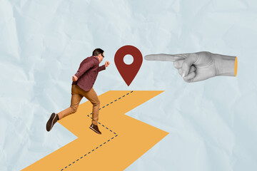 Composite photo collage of hurry man run relocation summer travel gps geometric direction route...