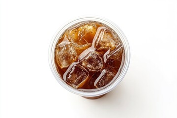 Takeaway plastic cup with iced cold coffee drink isolated on white background, Top view , ai