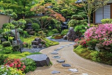 Panorama of zen raked sand and black stones japanese garden