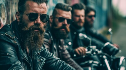 Company of bearded bikers in leather clothes outdoors. Neural network ai generated art