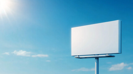 Fototapeta premium A large white billboard sits on a pole in front of a blue sky. The billboard is empty, but it is a blank canvas for a company to advertise their products or services
