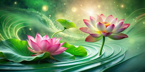 Vibrant green lotus leaf and delicate pink lotus flower bloom amidst abstract swirling patterns and soft focus, evoking serenity and natural elegance in a dreamy scene.