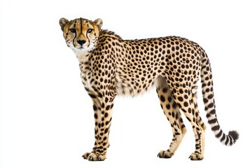 This striking cheetah, with its distinctive spots and sleek build, commands attention in a pristine white backdrop