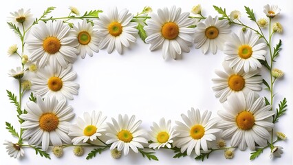 Obraz premium Delicate daisies are intricately arranged within a stylish frame, set against a pristine white background, exuding a fresh and vibrant aesthetic with a touch of elegance.