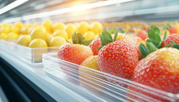 Close-up of sensor checking freshness of packaged fruits in grocery store, smart retail technology, 3D illustration