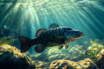 Fototapeta premium Black bass swimming underwater in a fresh water ecosystem with sunlight.
