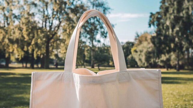 Tote bag mockup concept image with a blank tote bag sitting outside in a park on sunny day for the large sturdy cloth unfastened bag with parallel handles with copy space