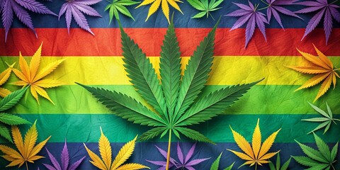 Vibrant rainbow flag backdrop features an overlaid pattern of cannabis leaves, celebrating the intersection of LGBTQ+ pride and cannabis culture in a bold, colorful design.