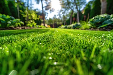 Beautiful English style garden with striped lawn and greenery.