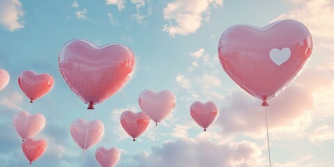 Pink heart balloons float in a cloudy sky.
