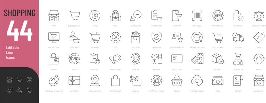  Shopping line Editable Icons set. Vector illustration in thin line modern style of commerce related icons: costumer, store, product, purchase, and more. Isolated on white