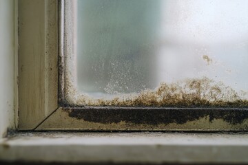 Aged window sill showing signs of mold and decay in a dusty, abandoned setting