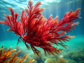 Vibrant red algae or seaweed branch sways gently in the ocean current, its delicate tendrils and feathery leaves unfolding like a crimson floral arrangement.