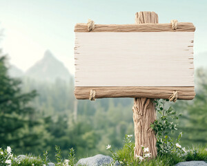 A sign is hanging on a tree in a forest. The sign is blank, and the background is filled with trees and mountains. Scene is peaceful and serene, as the sign is surrounded by nature