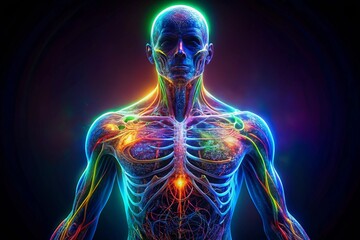 Vibrant Digital Artwork of Human Anatomy Highlighting the Nervous System and Vascular Network in Illuminated Detail