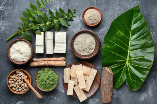 Ayurvedic herbal bath ingredients for special occasions. Ancient Indian spa ritual objects.