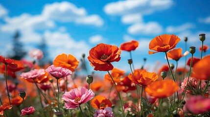Flower meadow field background banner panorama - Beautiful flowers of poppies poppy  