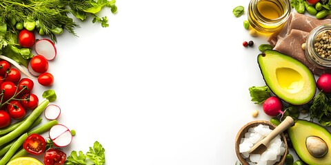 arrangement of food on a white background, with empty space in the center highlighting fresh vegetables