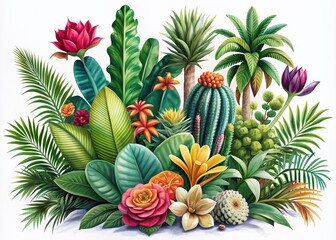 Fototapeta premium Vibrant tropical plants with lush green leaves and colorful blooms thrive in the desert, isolated on a pure white background with delicate illustration style details.