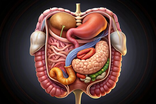 Detailed Illustration of Human Digestive System Showing Internal Organs and Structures in a Cross-Sectional View