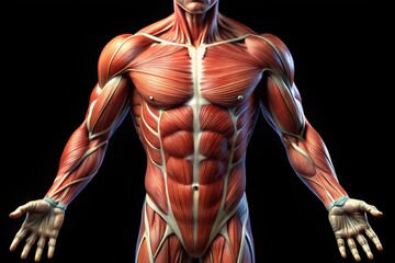 Detailed Illustration of Human Muscular System Showing Arm, Chest, and Abdominal Muscles with Anatomical Clarity Against a Dark Background
