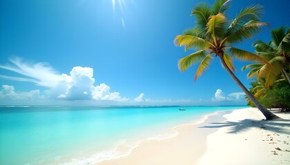 Obraz premium A tropical beach with a palm tree, clear blue sky