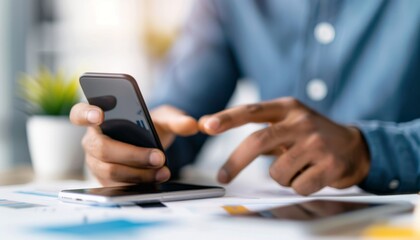 Fototapeta premium Businessman using smartphone in office