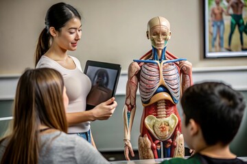 Students Engaging in an Interactive Anatomy Lesson Using a 3D Model and Tablet in a Classroom Setting