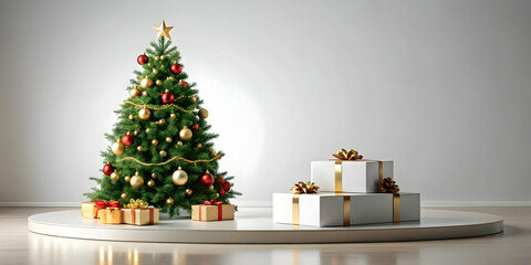 Decorated Christmas Tree and Wrapped Present Podium with Clear Copy Space for Holiday Ads � Ideal for Ecommerce Campaigns and Gift Promotions
