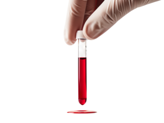 A close-up of a gloved hand holding a test tube filled with red liquid, representing medical testing or laboratory procedures.