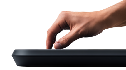 A close-up of a hand gently tapping on a modern keyboard, symbolizing technology and digital interaction.