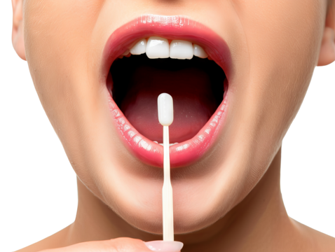 A close-up of a person holding a cotton swab in front of their open mouth, illustrating dental hygiene practices.