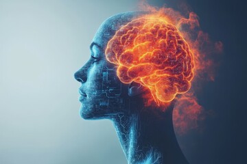 Obraz premium Silhouette of a human head with fiery brain explosion representing intense brain activity creativity and artificial intelligence in a futuristic tech concept