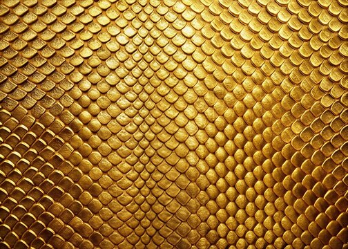 Luxurious snakeskin patterned gold shiny leather texture with intricate scales on a clean empty background, perfect for design and commercial use.