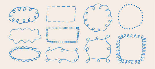 Set of outline scallop frame border in doodle style. Retro whimsical frame with wavy border. Brush hand drawn circle and square